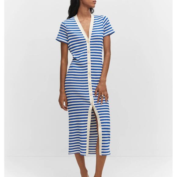 Mango Dresses & Skirts - Mango Striped Blue Cream Knit Jersey Midi Dress Womens 2 Nautical Coastal Resort